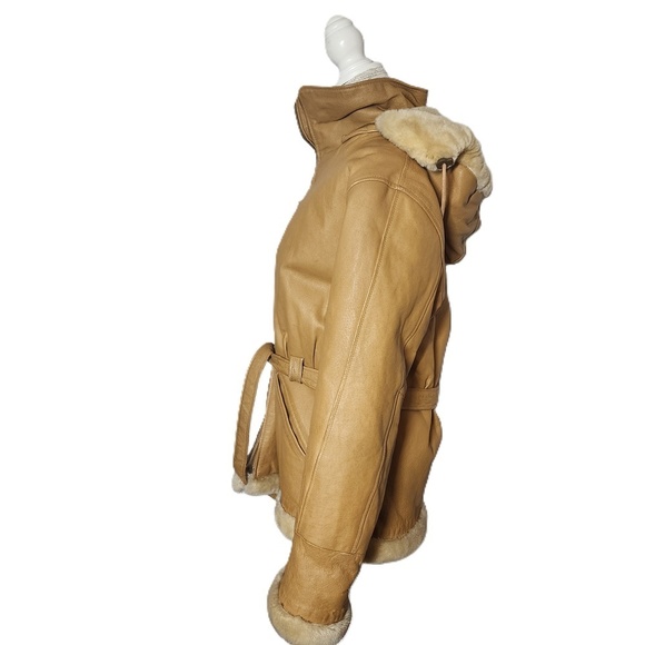 Vintage XL Leather Fur Trim Shearling Belted Coat Tan Marcia Collection - Picture 12 of 13